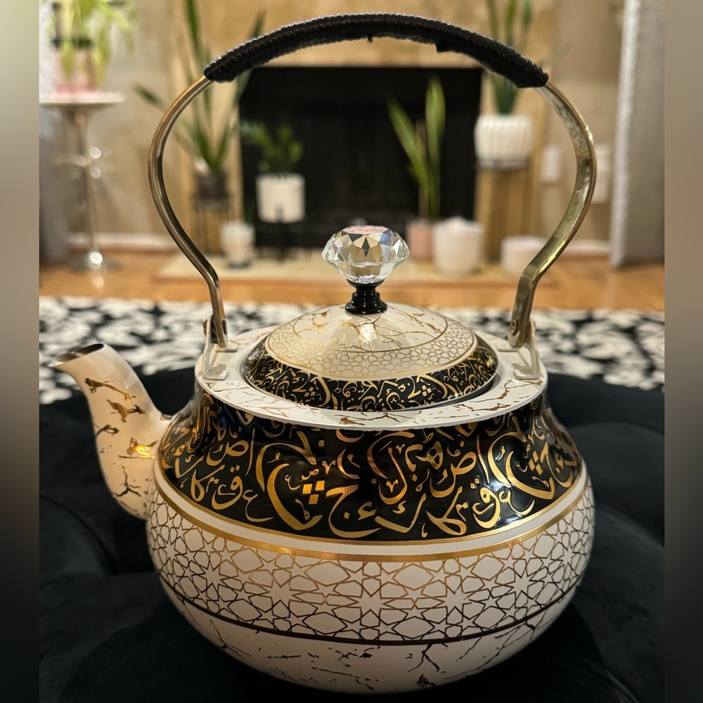 Ornate Unique Arabic Style Tea Kettle Black Cream Gold Patterned Vintage Look - Picture 13 of 16
